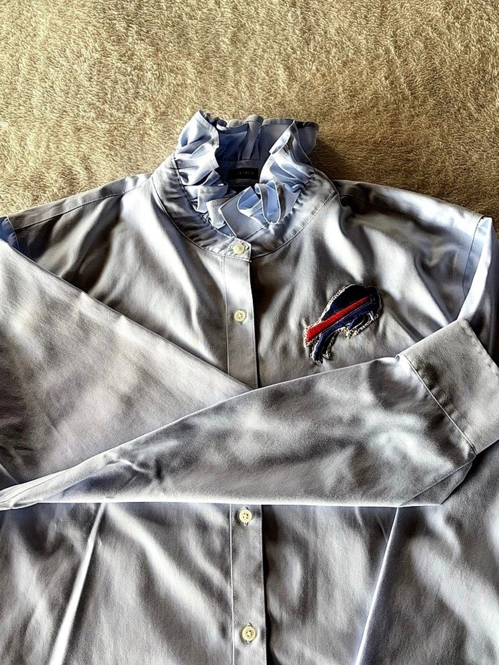 Jones of NY blue shirt. Upcycled w Ruffled Collar and Buffalo Bill logo. Sz W XL